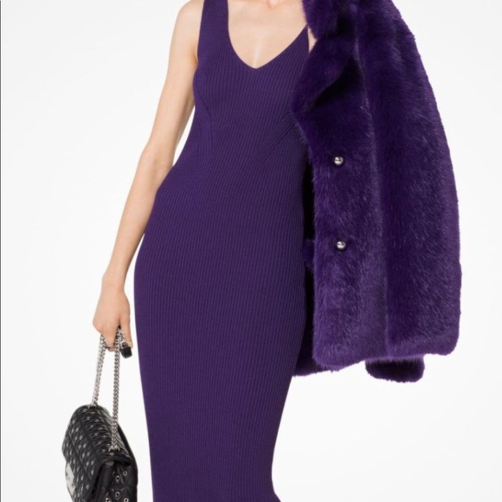 Michael Kors Ribbed V-Neck Sweater Dress in Purple Iris,  XXS